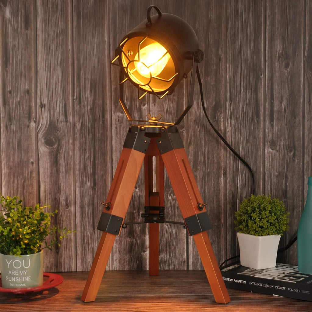 Vintage Adjustable Wood Tripod Floor Lamp with Black Cage Lampshade I835