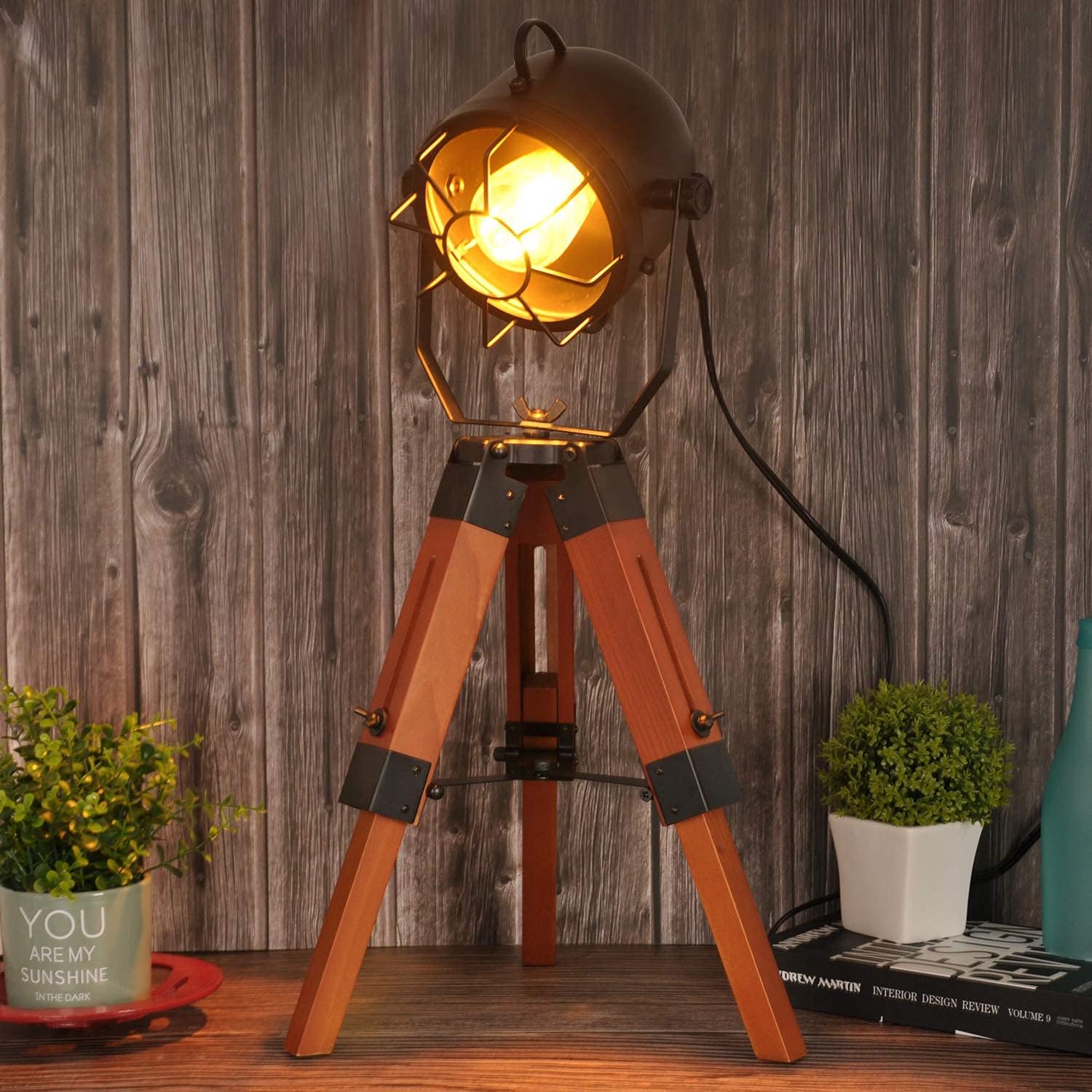 Vintage Adjustable Wood Tripod Floor Lamp with Black Cage Lampshade I835