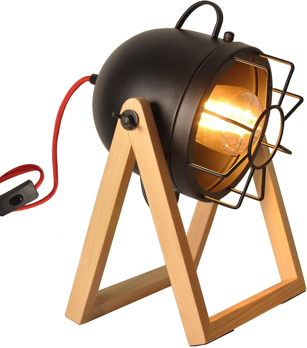 Vintage Adjustable Wood Tripod Floor Lamp with Black Cage Lampshade I835