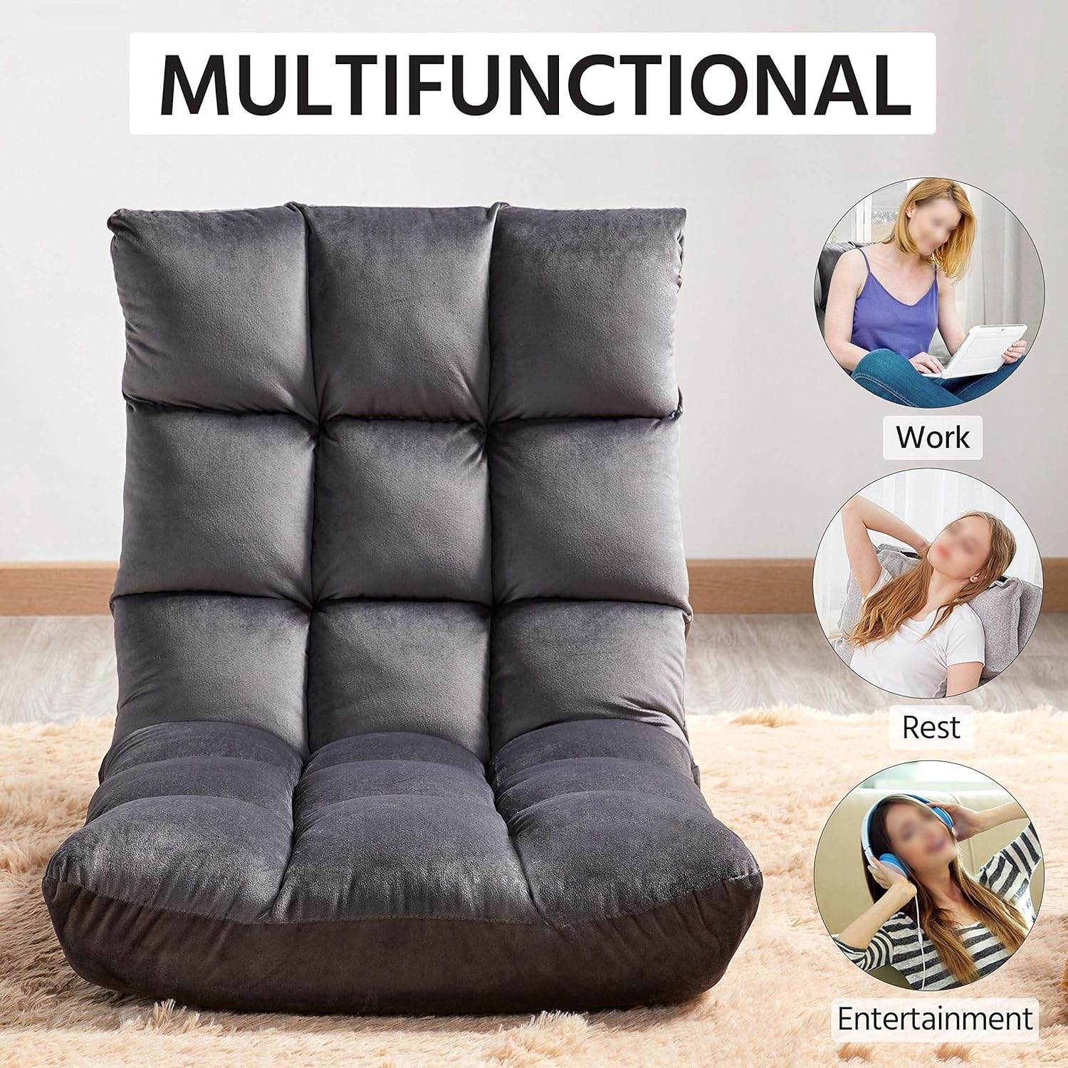 Gray 2 PCS Padded Folding Floor Chair with Backrest J1419
