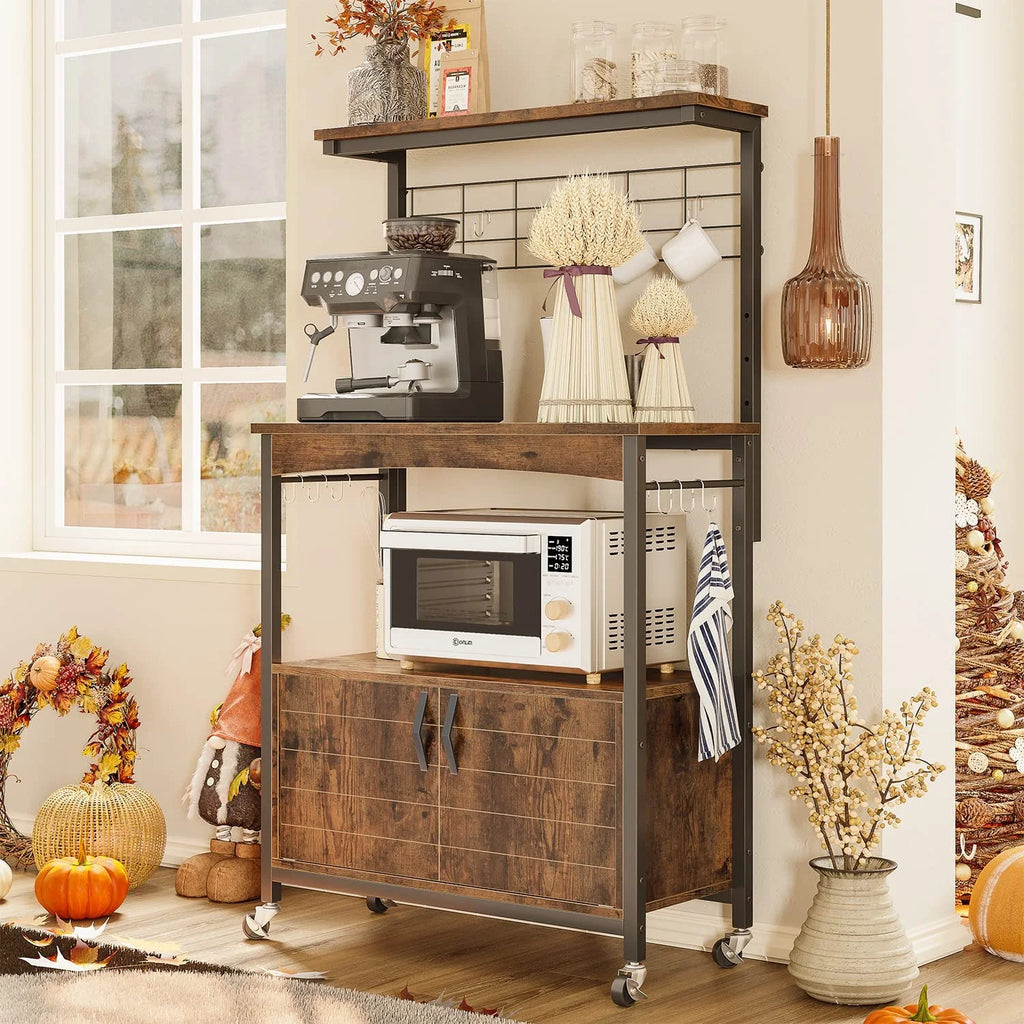 Rustic Brown Bakers Racks with Storage Cabinet, Height-Adjustable 45" to 55" Microwave Stand with Wheels & Feet H23204