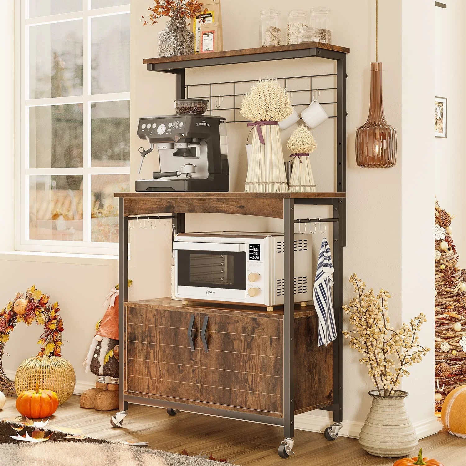 Rustic Brown Bakers Racks with Storage Cabinet, Height-Adjustable 45" to 55" Microwave Stand with Wheels & Feet H23204
