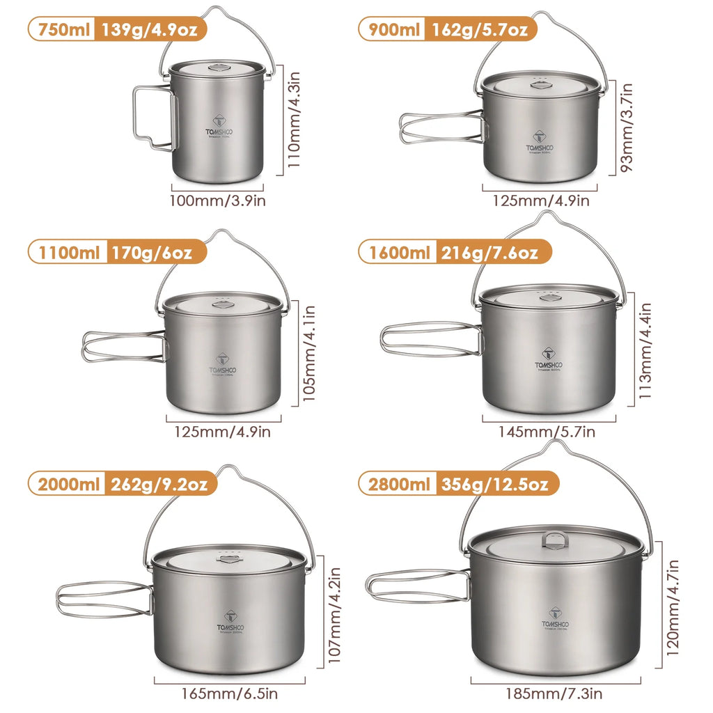 Titanium Hanging Pot for Camping 750ml/900ml/1100ml/1600ml/2000ml/2800ml F90940