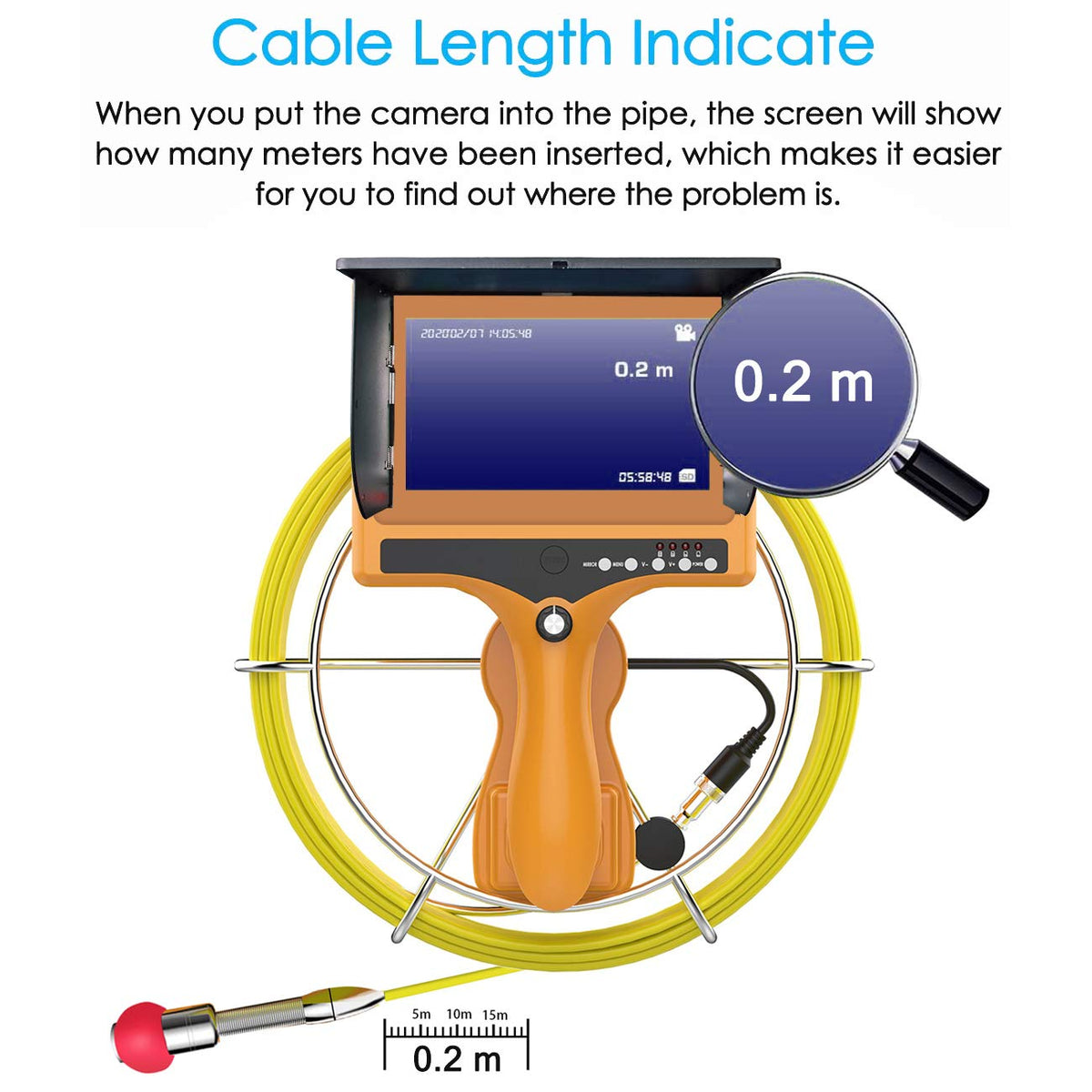 Sewer Camera with Distance Counter and DVR, Pipe Inspection Camera Video System IP68 Waterproof 7TFT Monitor 30M/100ft (8GB SD Card Include) X853995