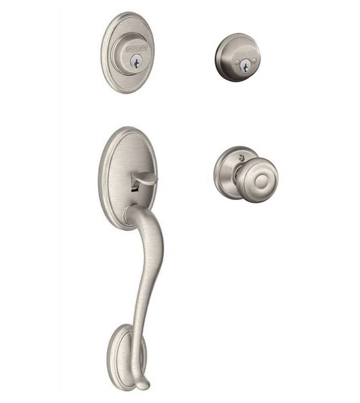 Satin Nickel Handleset with Double Cylinder Deadbolt and Georgian Knob S30586