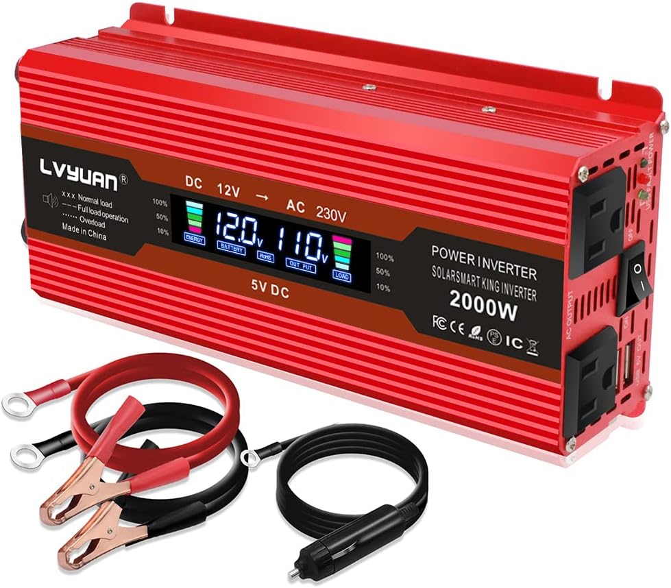 Power Inverter 1000W/2000W Dual AC Outlets Dual USB Charging Ports DC 12V to 110V AC Car Converter with Digital Display Pack of 2 R179