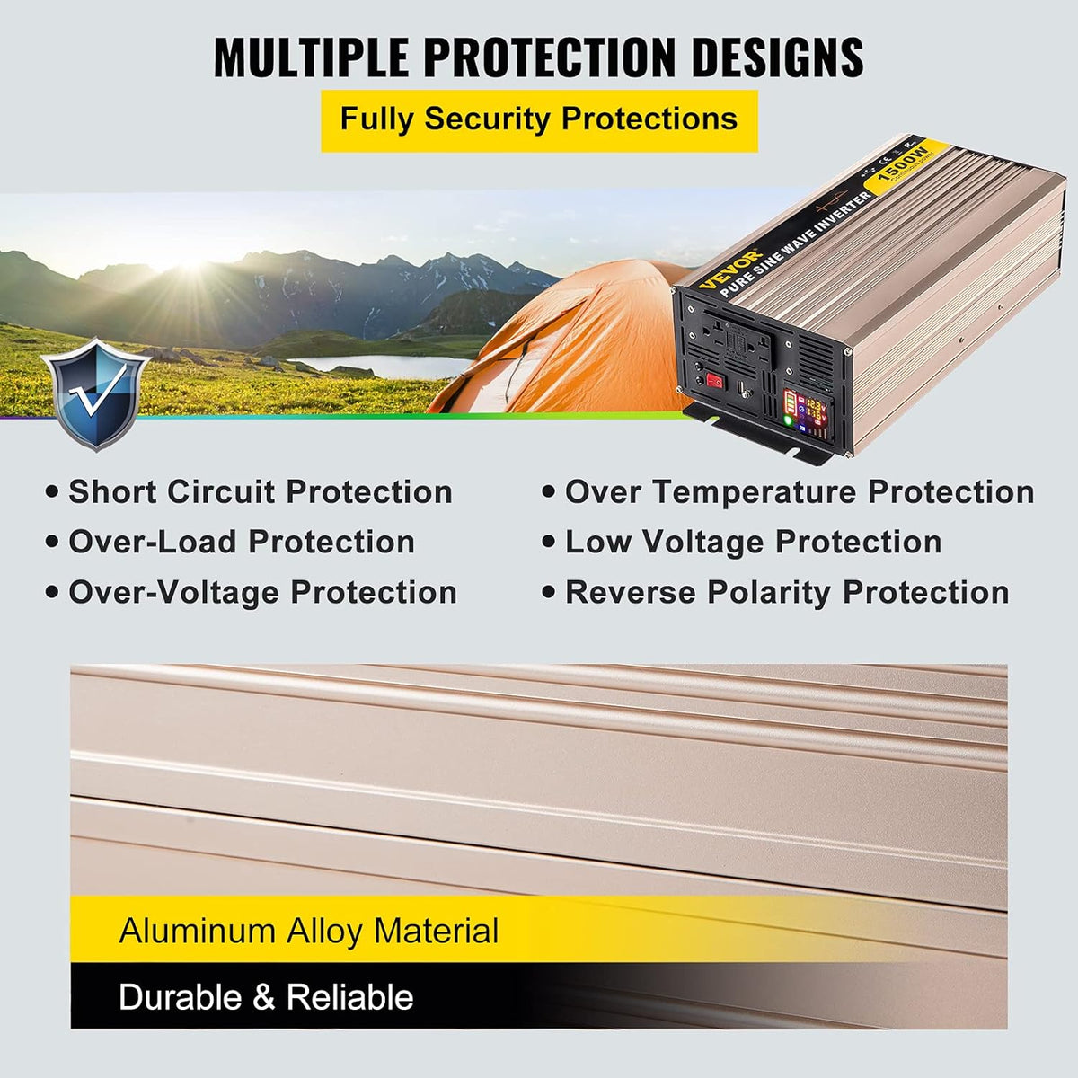 1500 Watt Pure Sine Wave Power Inverter, DC 12V to AC 110V, with LCD Display, 5V USB Port, AC Outlets (GFCI) F392660