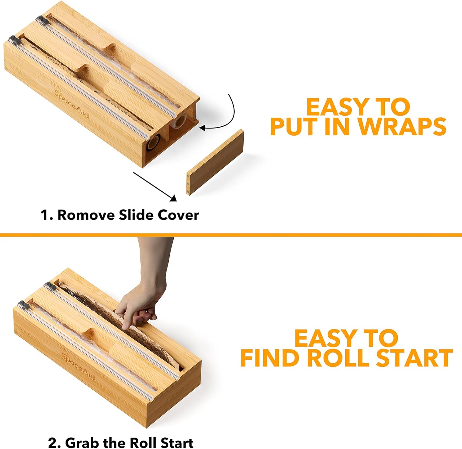 2 in 1 Wrap Dispenser with Cutter and Labels, Bamboo Roll Organizer Holder, Pack of 2 U319838