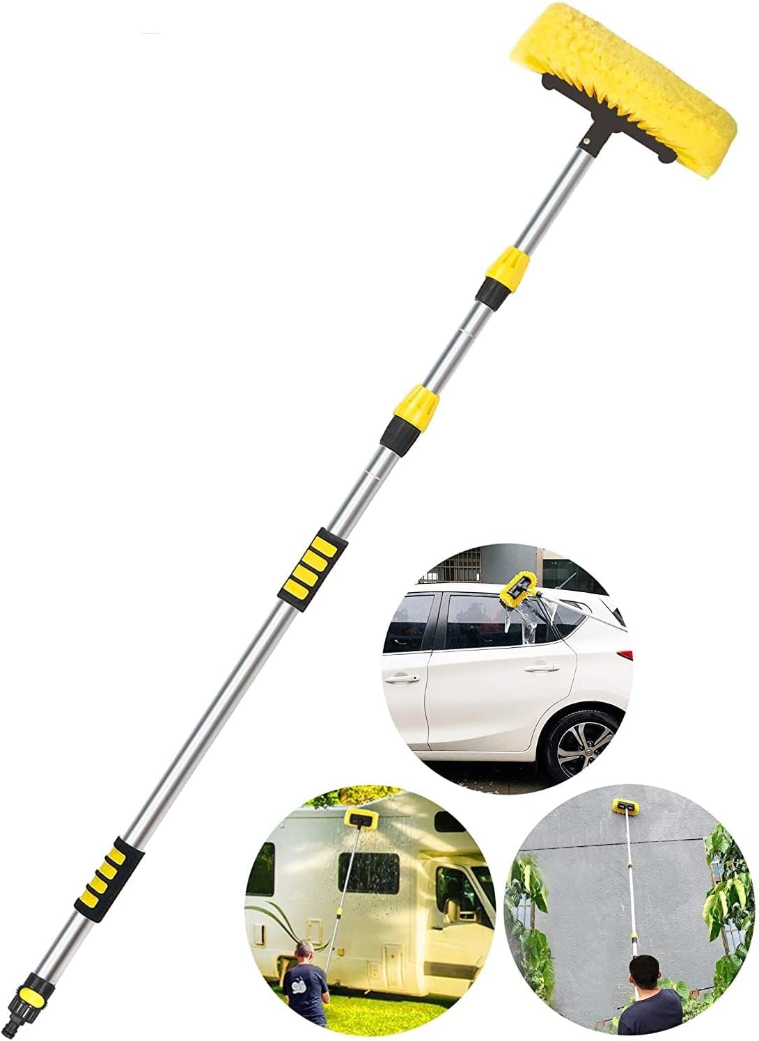 Soft Bristle Car Wash Brush with Long Handle Telescopic Extension Flow Through Brush with On/Off Switch Hose Attachment Pack of 2 R685
