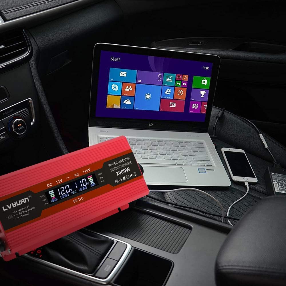 Power Inverter 1000W/2000W Dual AC Outlets Dual USB Charging Ports DC 12V to 110V AC Car Converter with Digital Display Pack of 2 R179