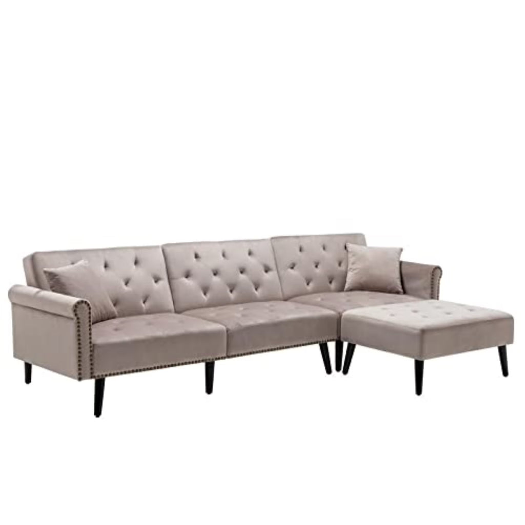 Silver Gray Velvet Sofa Bed with Ottoman and 2 Accent Pillows A89346