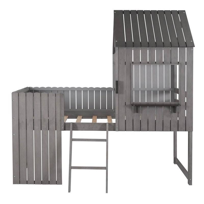 Twin Wood Loft Bed with Guardrail and Ladder H375