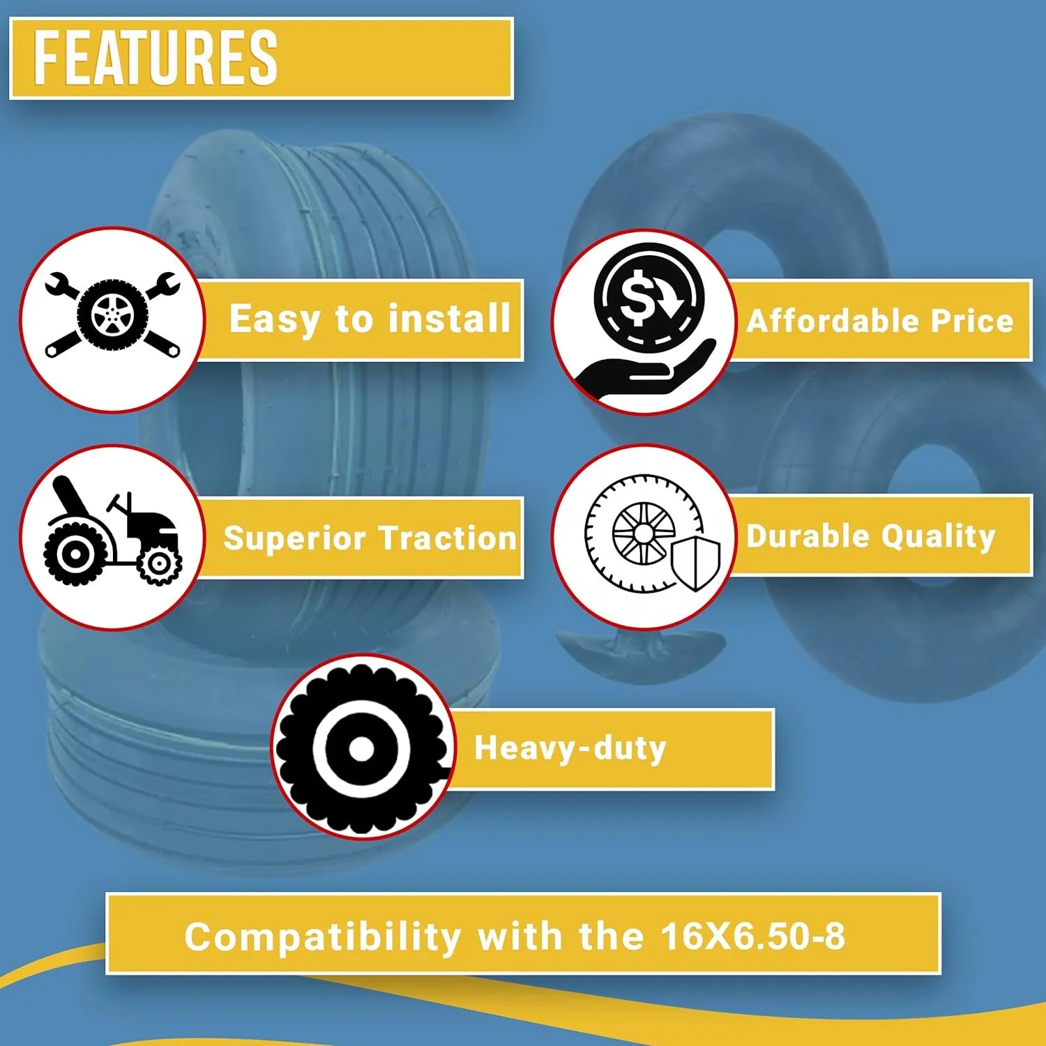Two 16x6.50-8 4 Ply Lawn Tractor Mower Tires with Tubes S806