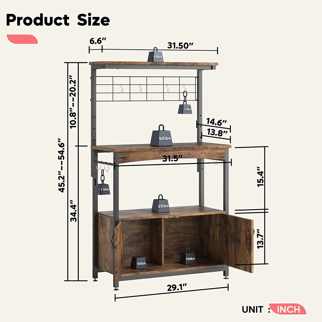Rustic Brown Bakers Racks with Storage Cabinet, Height-Adjustable 45" to 55" Microwave Stand with Wheels & Feet H23204