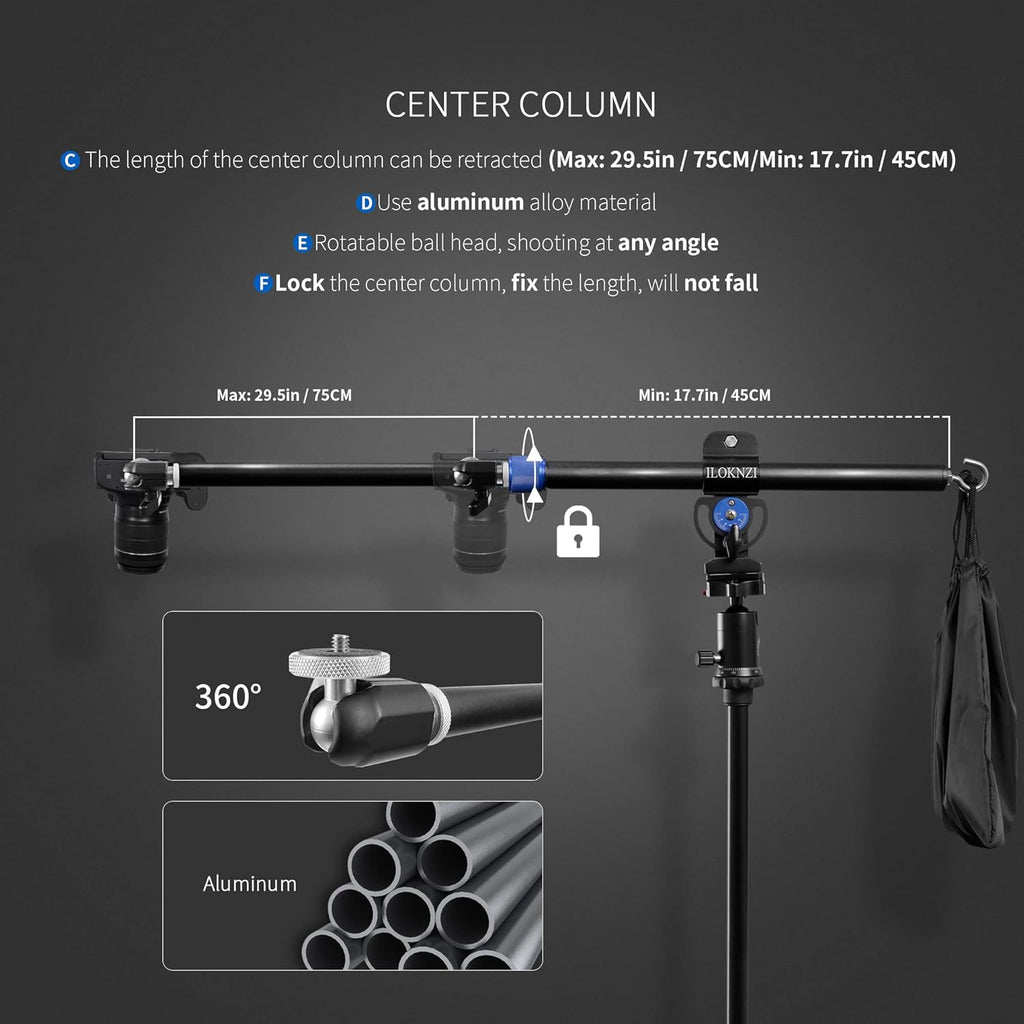 30 Inch Aluminum Tripod Extension Arm Overhead Camera Mount with Phone Holder W63341