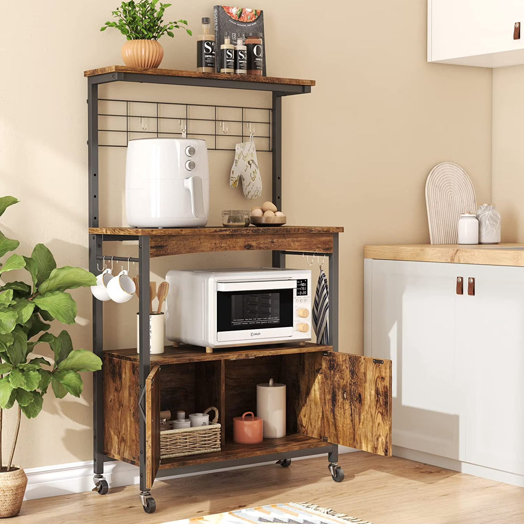 Rustic Brown Bakers Racks with Storage Cabinet, Height-Adjustable 45" to 55" Microwave Stand with Wheels & Feet H23204