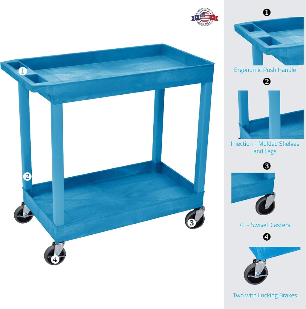 Blue Mobile Utility Tub Cart with 2 Shelves and Push Handle D144359