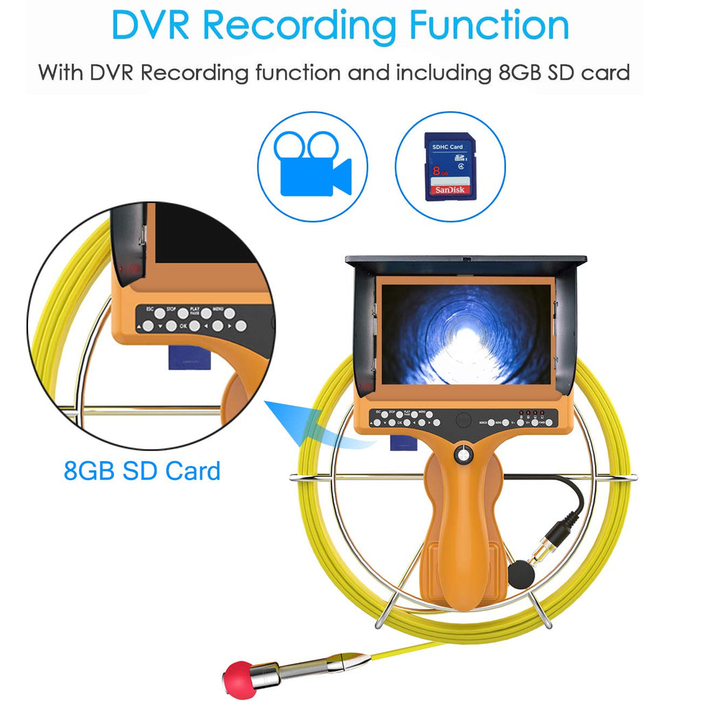 Sewer Camera with Distance Counter and DVR, Pipe Inspection Camera Video System IP68 Waterproof 7TFT Monitor 30M/100ft (8GB SD Card Include) X853995