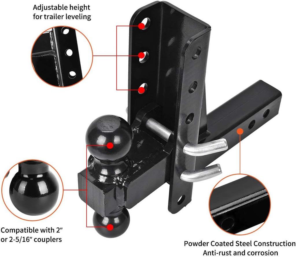 Adjustable Trailer Hitch Ball Mount, 2’’ Receiver, 8’’ Drop/Rise, Dual Balls, 10,000 lbs Capacity, Black Powder Coated Steel W88904