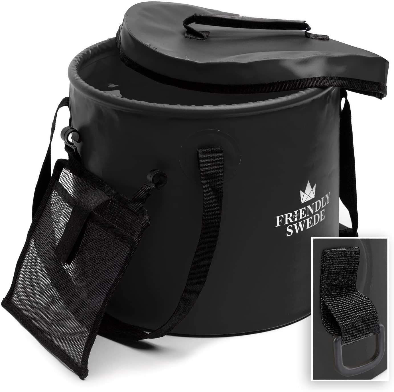 Collapsible Bucket with Lid, Portable Water Container Pail with Mesh Pocket B73686
