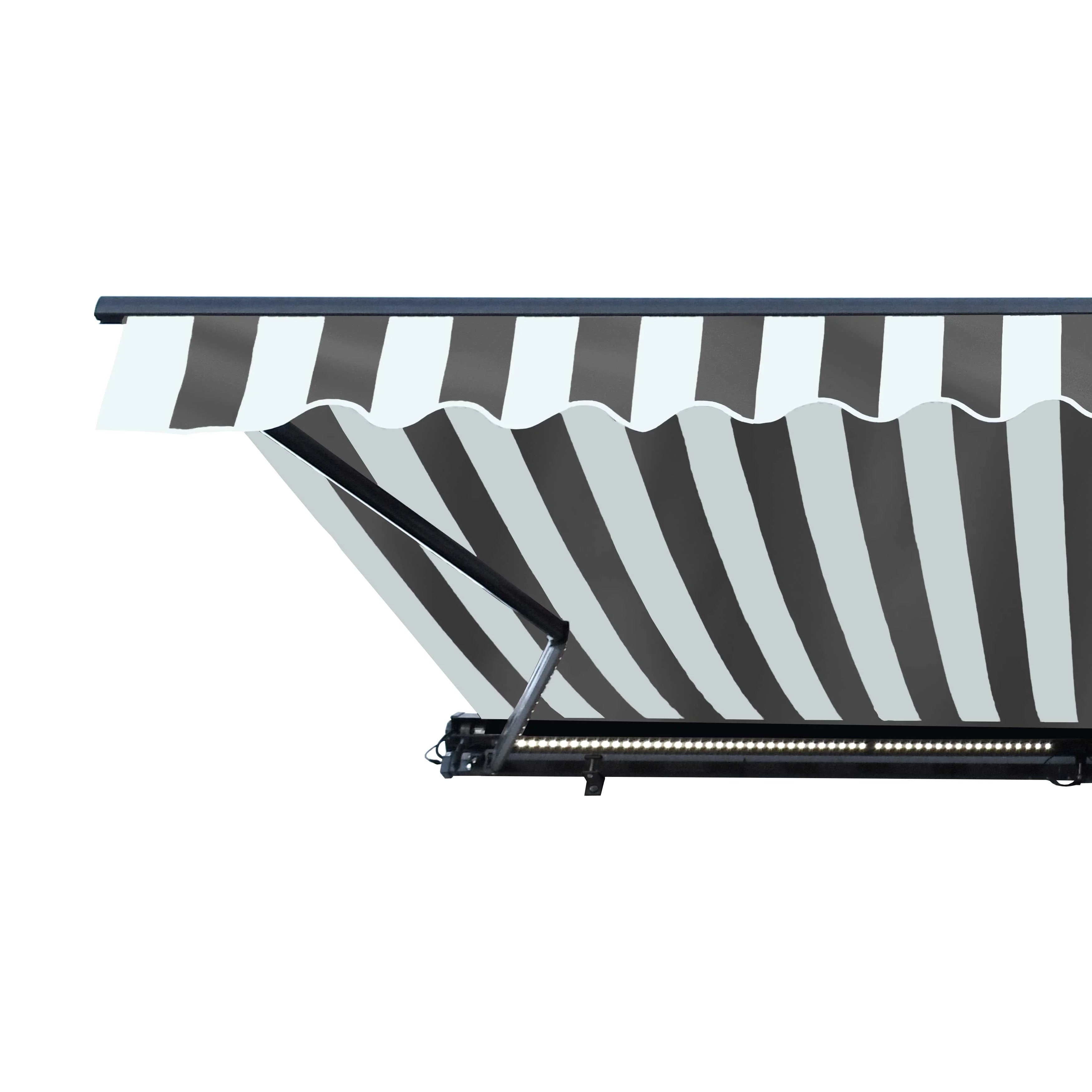 Grey White Striped Motorized Retractable Patio Awning I37924