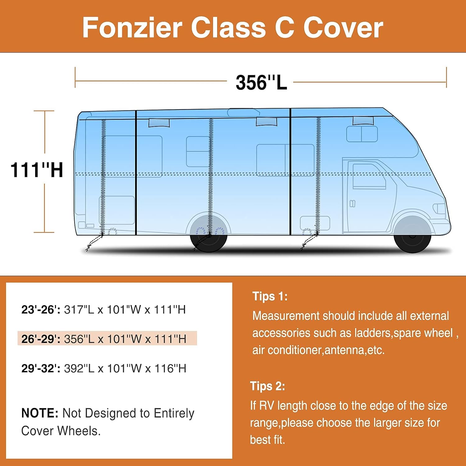 Heavy Duty RV Cover for 26’-29’ Motorhome with 2Pcs Extra Straps Y48634