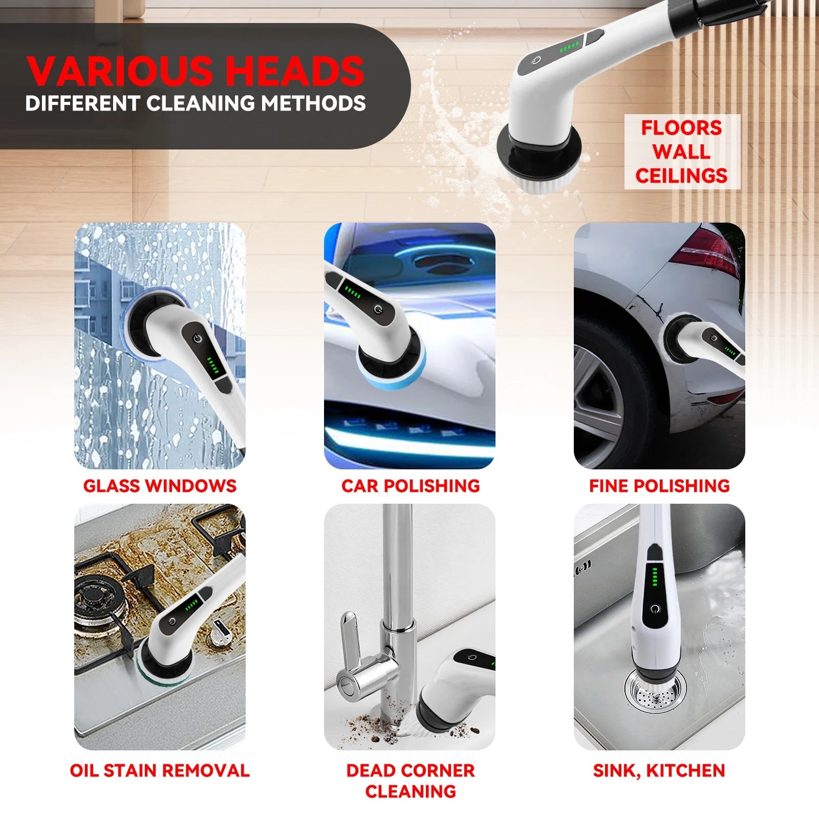 Cordless Electric Spin Scrubber with Long Handle & 7 Replaceable Heads Q2530