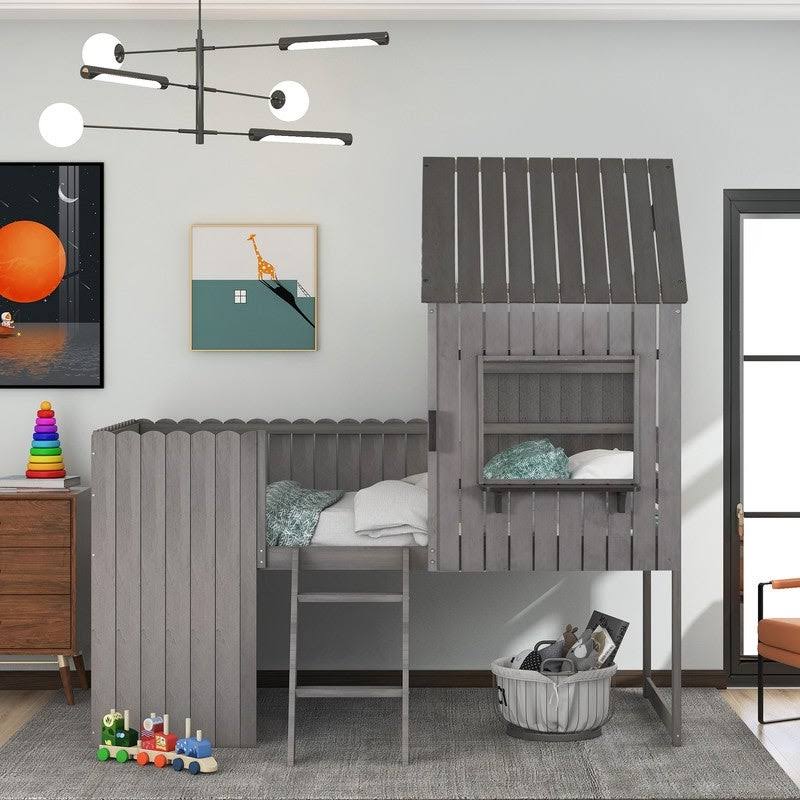 Twin Wood Loft Bed with Guardrail and Ladder H375