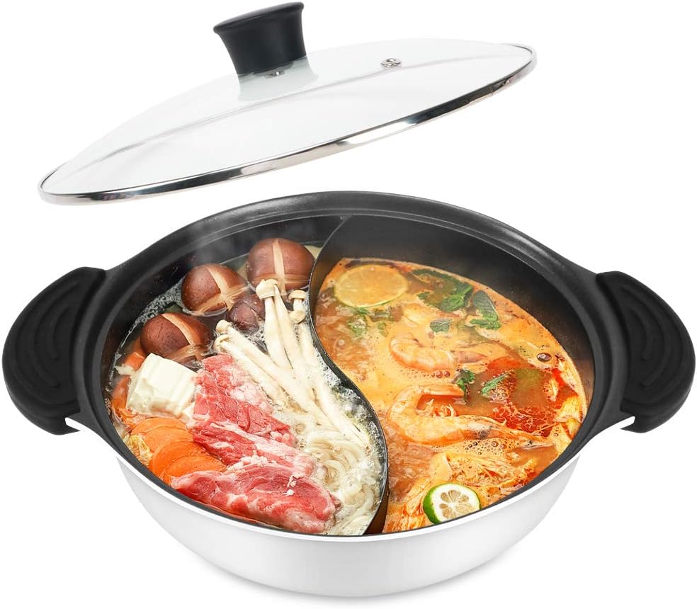 11 Inch White Non-Stick Shabu Shabu Pot with Divider O541