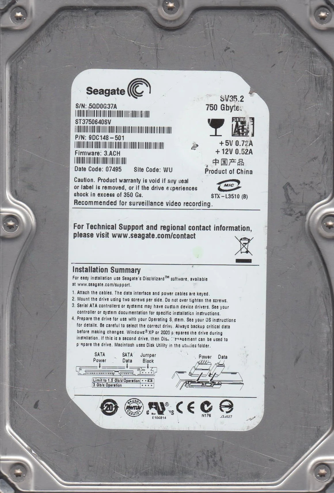 750GB SATA 3.5 Hard Drive U982