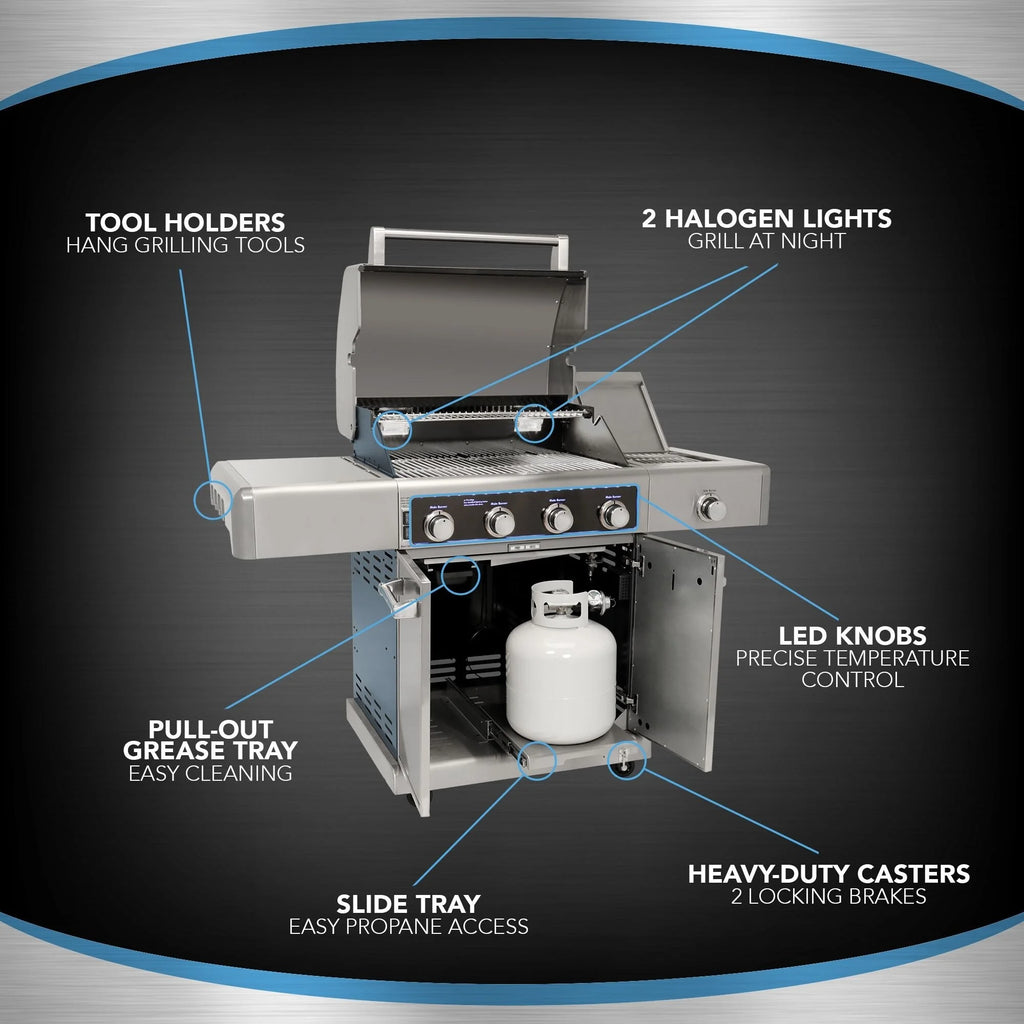 4 Burners Gas Grill with Side Burner, 64,000-BTU, Gunmetal P638