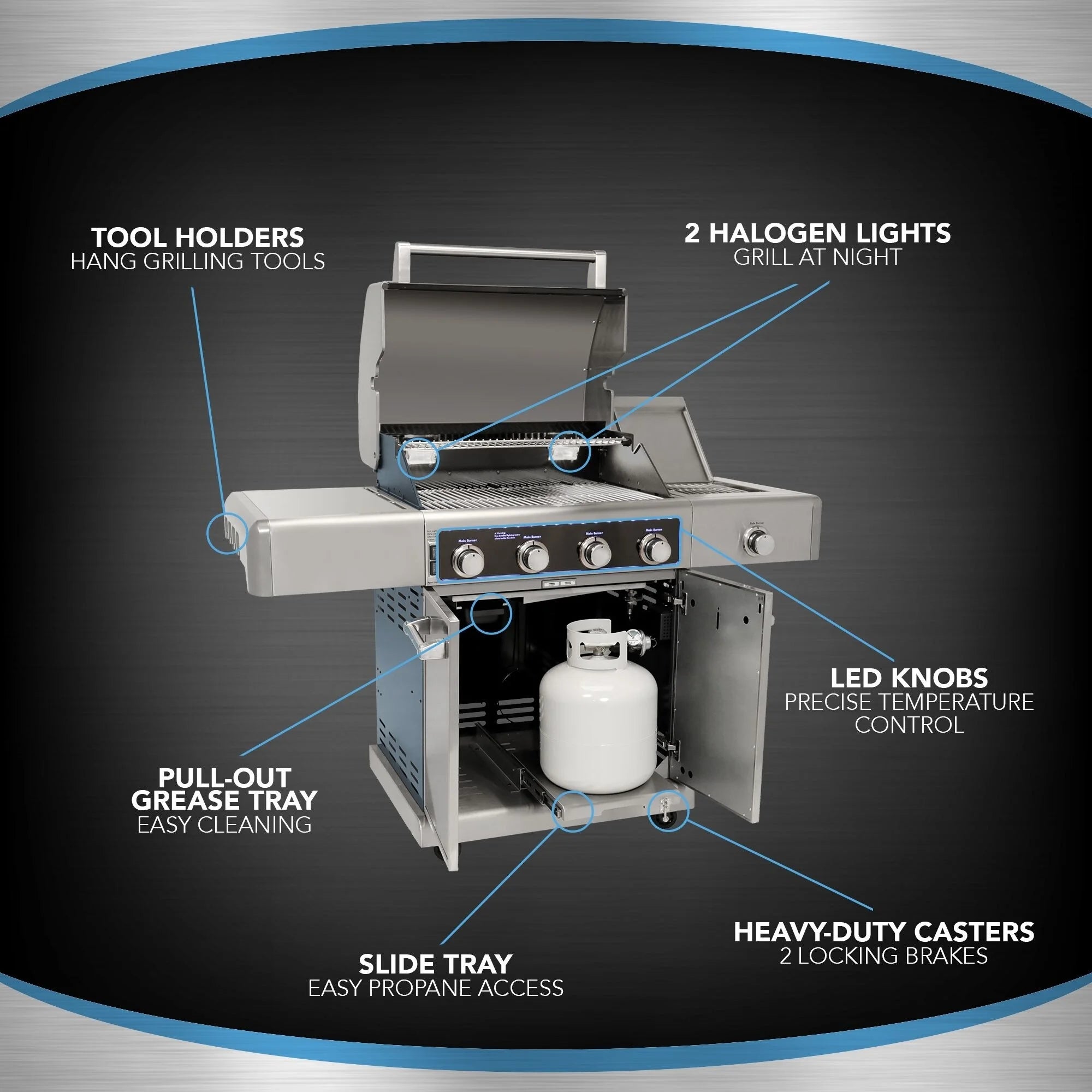 4 Burners Gas Grill with Side Burner, 64,000-BTU, Gunmetal P638