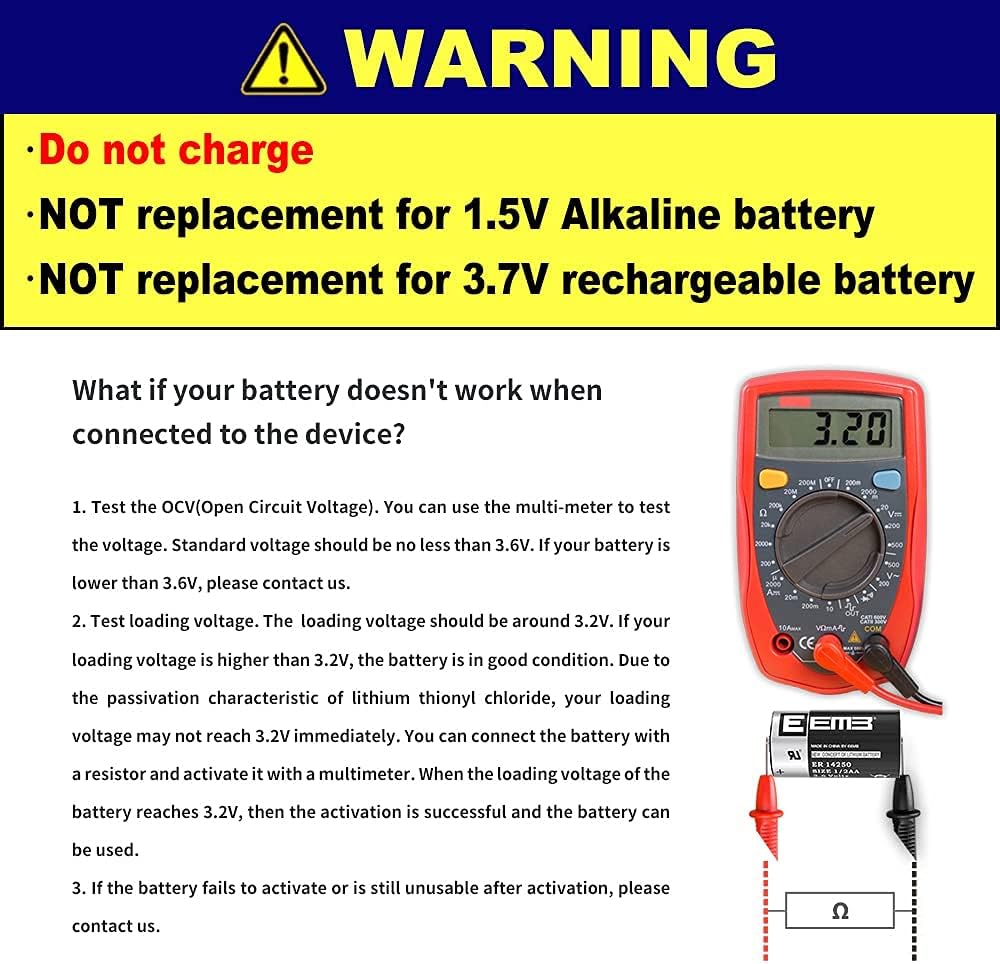ER14250 Nonrechargeable 3.6V Lithium Battery Li-SOCL₂ 1/2 AA Size 1200mAh E891