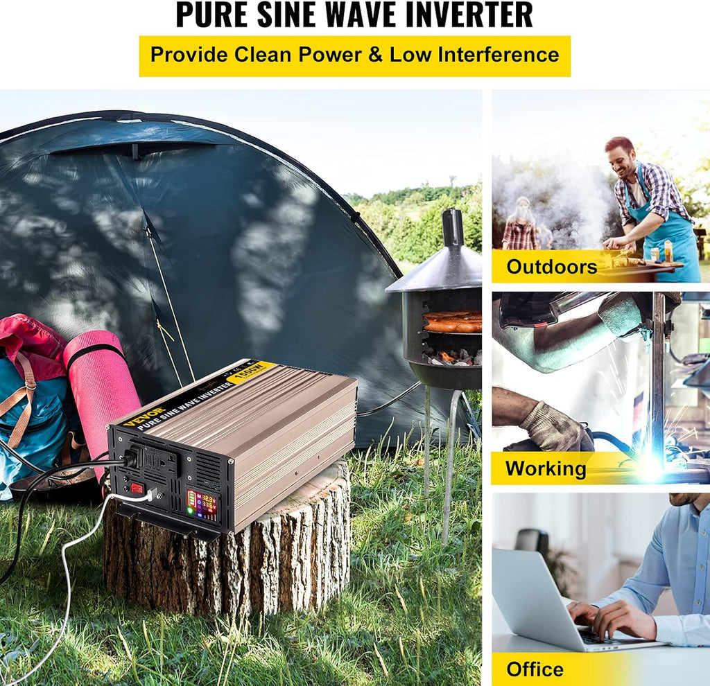 1500 Watt Pure Sine Wave Power Inverter, DC 12V to AC 110V, with LCD Display, 5V USB Port, AC Outlets (GFCI) F392660