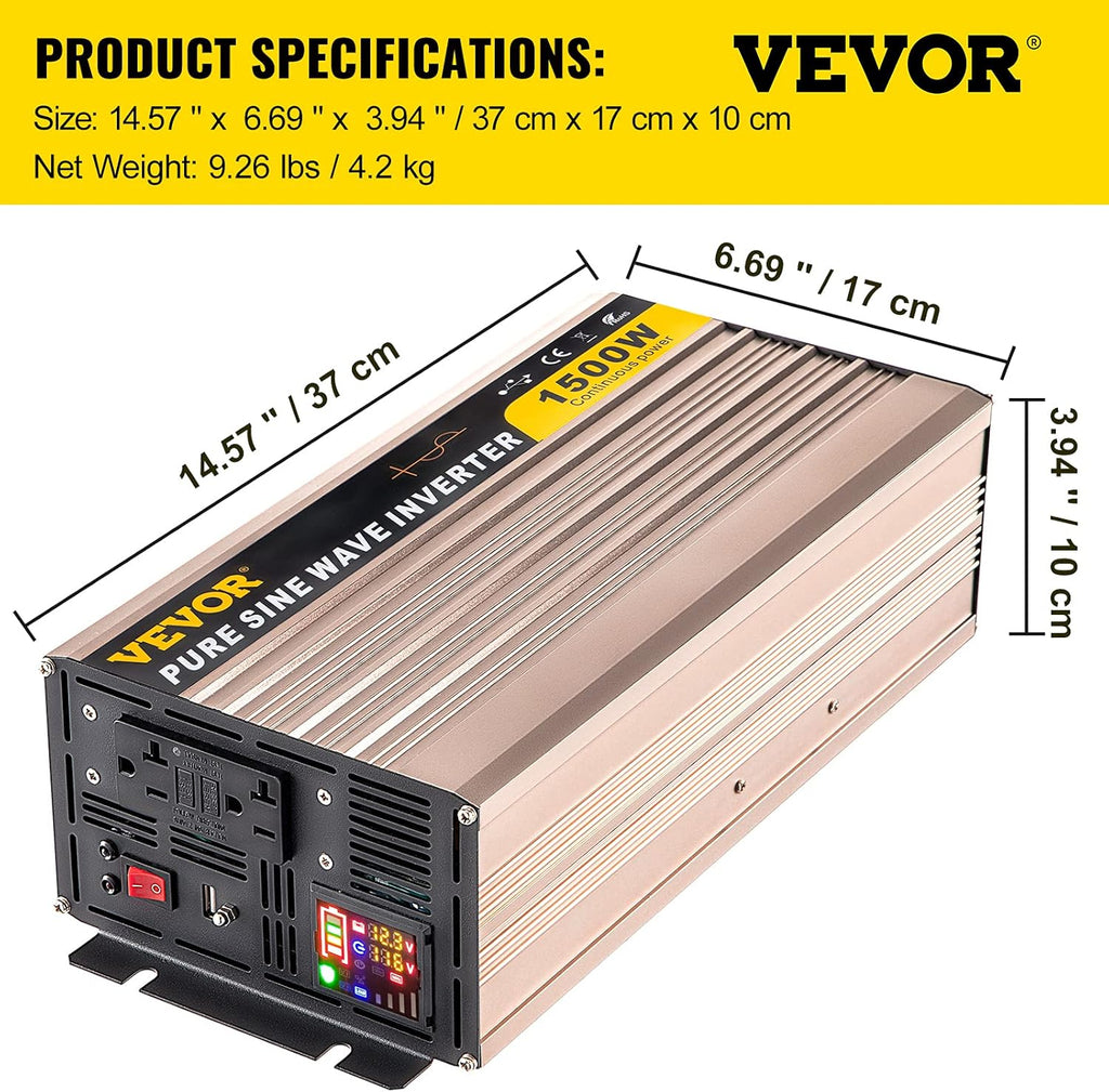 1500 Watt Pure Sine Wave Power Inverter, DC 12V to AC 110V, with LCD Display, 5V USB Port, AC Outlets (GFCI) F392660