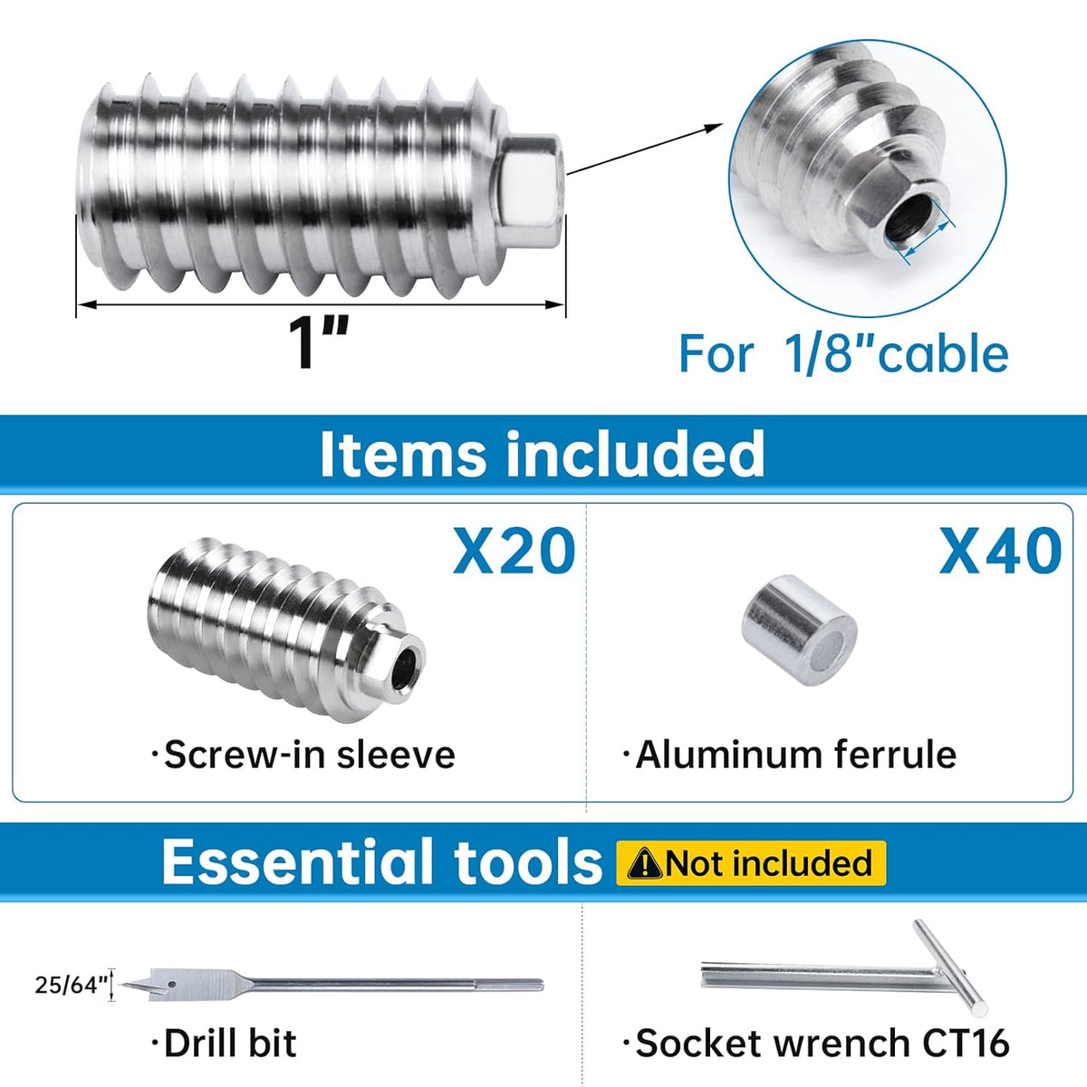 20Pack 1/8" Invisible Cable Railing Kit T316 Stainless Steel for Wood Posts Deck Stairs 10 Cable Lines H7689