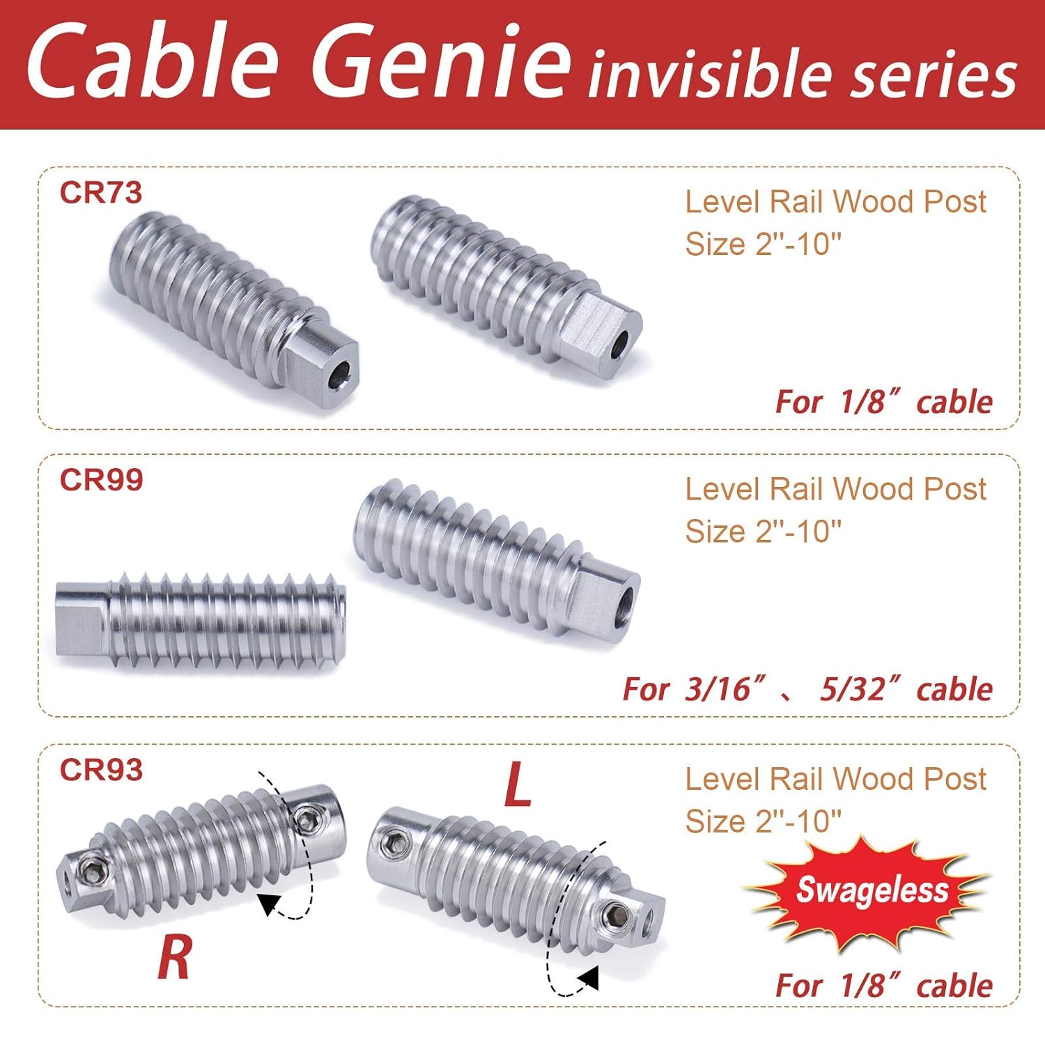 20Pack 1/8" Invisible Cable Railing Kit T316 Stainless Steel for Wood Posts Deck Stairs 10 Cable Lines H7689