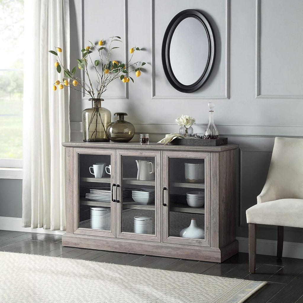 Farmhouse Wood Sideboard Buffet Entertainment Center with Storage Cabinet, Glass Doors, and Adjustable Shelves L146