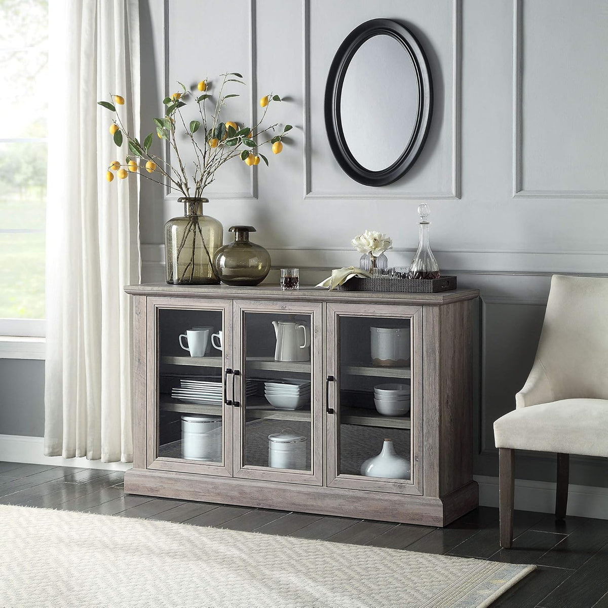 Farmhouse Wood Sideboard Buffet Entertainment Center with Storage Cabinet, Glass Doors, and Adjustable Shelves L146
