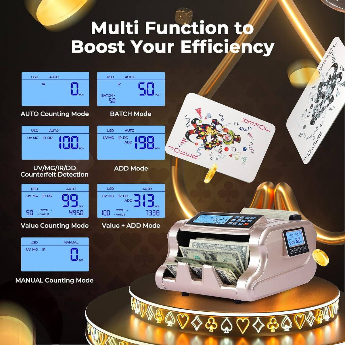 Rose Gold Money Counter Machine with 3 Screens Y47352