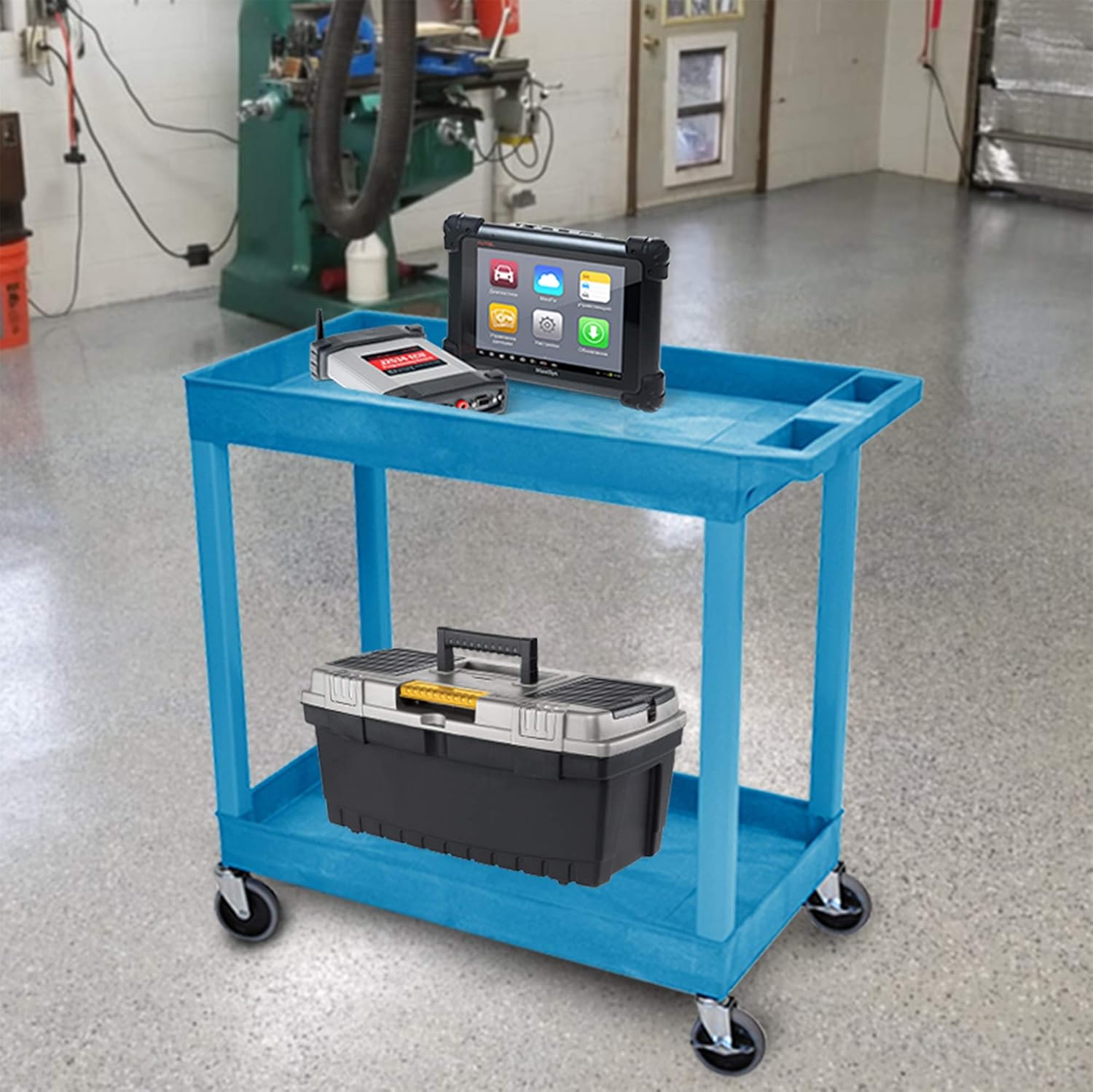 Blue Mobile Utility Tub Cart with 2 Shelves and Push Handle D144359