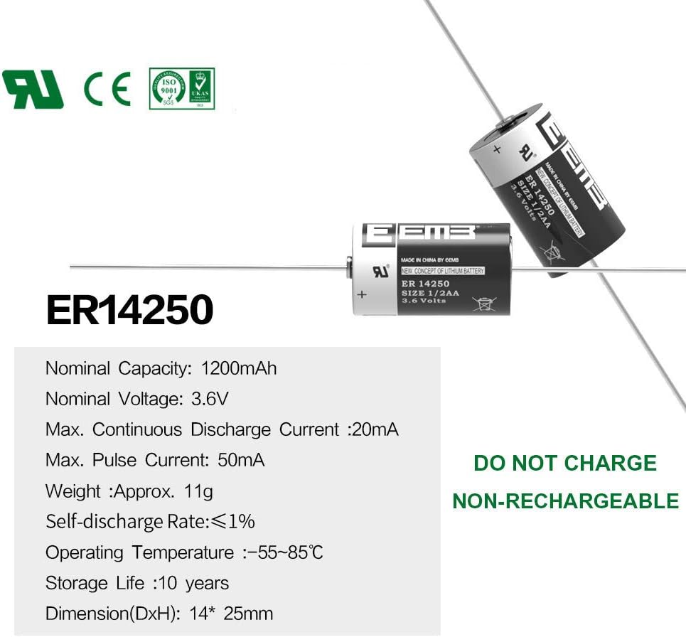 ER14250 Nonrechargeable 3.6V Lithium Battery Li-SOCL₂ 1/2 AA Size 1200mAh E891
