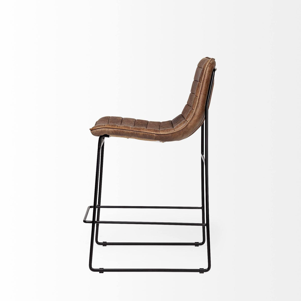 Brown Leather Seat Black Metal Frame Stool I463548