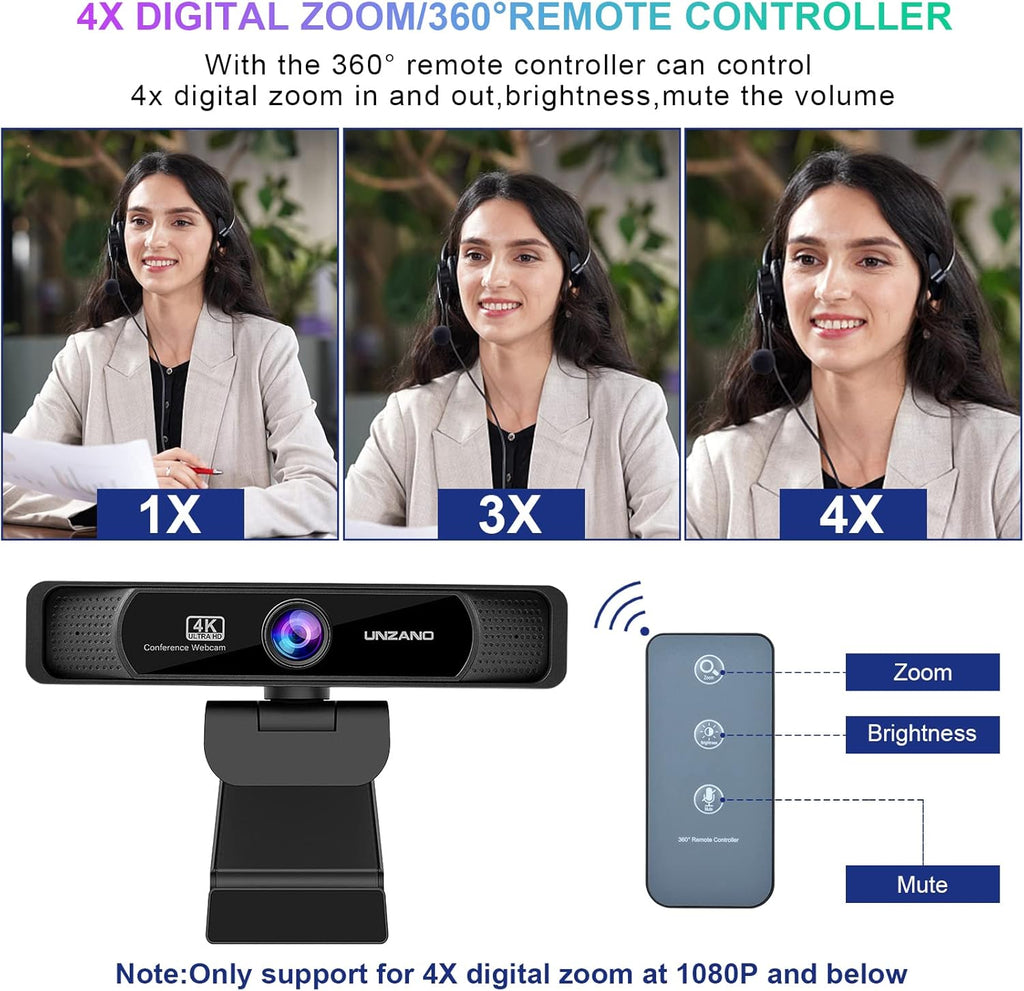 4K Webcam with Remote Control, Full HD, Auto-Focus 120° Wide Angle, Dual Noise Reduction Mics, Pack of 2 Q6034