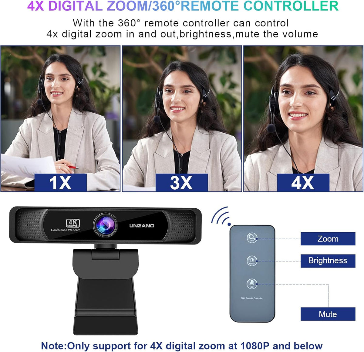 4K Webcam with Remote Control, Full HD, Auto-Focus 120° Wide Angle, Dual Noise Reduction Mics, Pack of 2 Q6034
