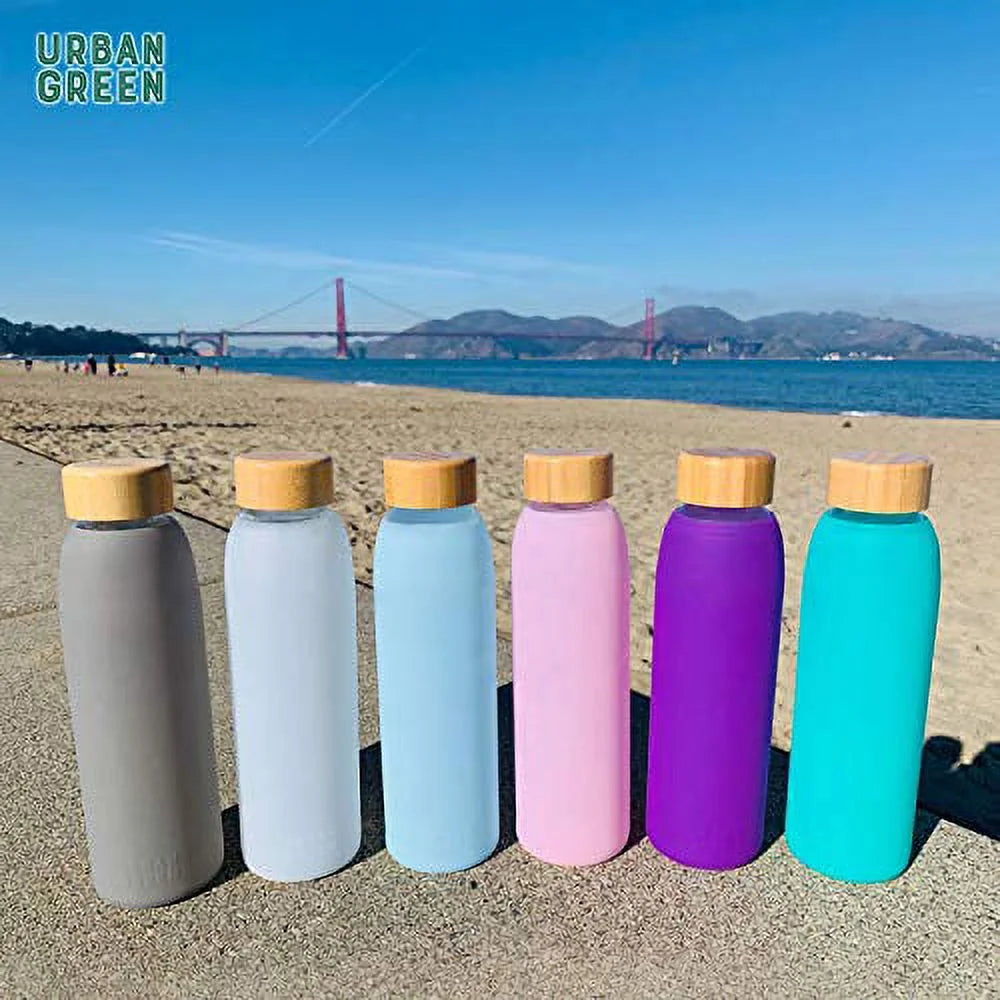 Glass Water Bottle with Protective Silicone Sleeve and Bamboo Lid, 18oz, 1 Extra 304 Stainless Steel Lid with Handle, BPA Free, Dishwasher Safe K68785