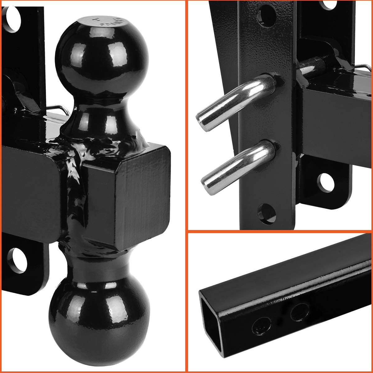 Adjustable Trailer Hitch Ball Mount, 2’’ Receiver, 8’’ Drop/Rise, Dual Balls, 10,000 lbs Capacity, Black Powder Coated Steel W88904