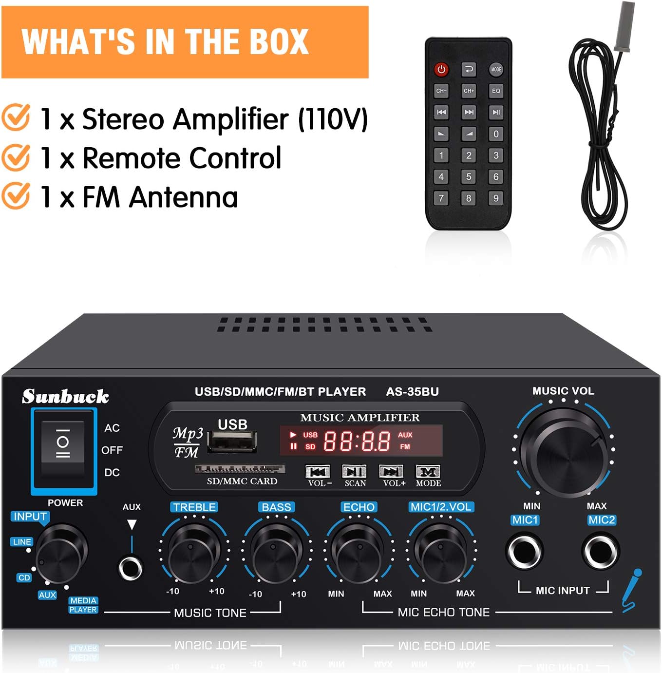 200W Dual Channel Bluetooth Stereo Amplifier Receiver with USB FM Radio Remote Control J638932