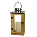 Brown Wood and Glass Lantern with LED Flameless Pillar Candle with Timer Q2075