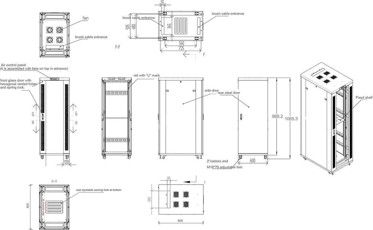 Locking Server Rack Cabinet Enclosure on Casters with Rack Shelf and Cooling Fan Thermostat C2675